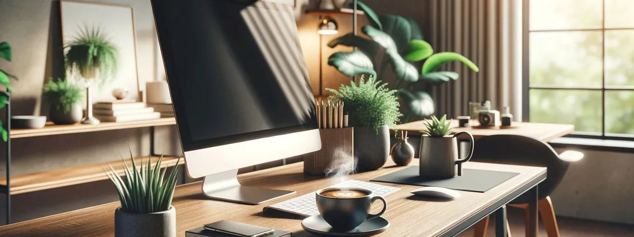 home office - biurko z monitorem i ciepła kawa