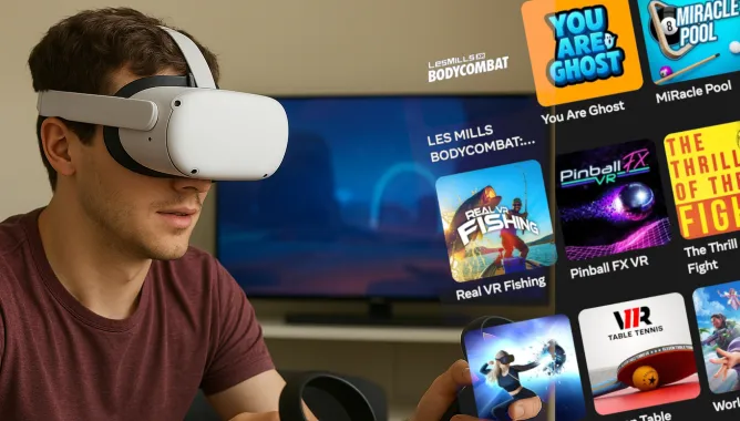 Mężczyzna w okularach VR trzymający kontroler, siedzi przed telewizorem z grami.