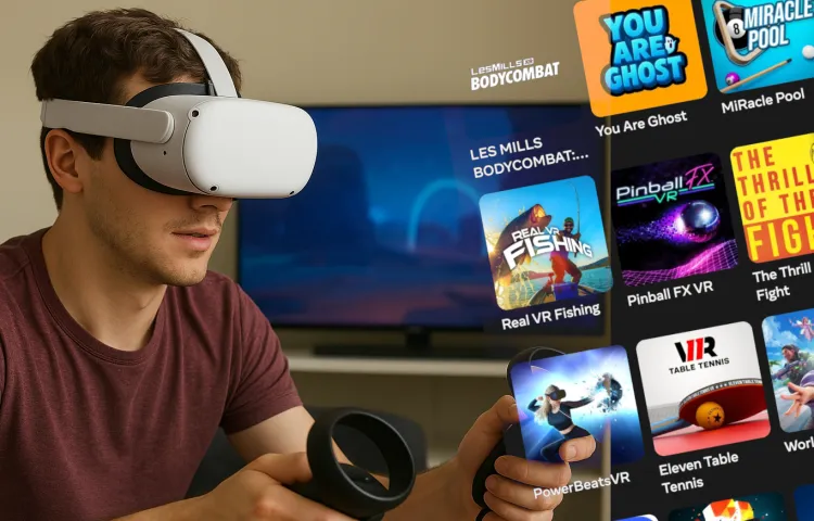 Mężczyzna w okularach VR trzymający kontroler, siedzi przed telewizorem z grami.